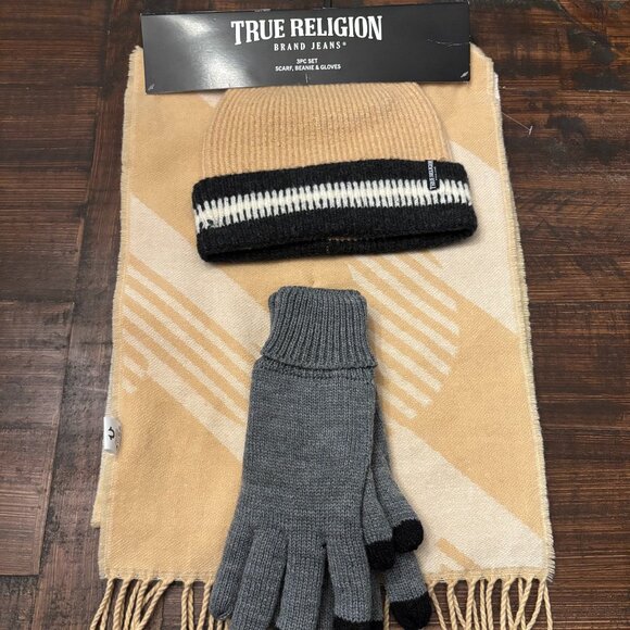 True Religion 3-Piece Set ~ Scarf, Beanie Hat, Tech Gloves ~ Gift Set ~ NWT - Picture 1 of 4